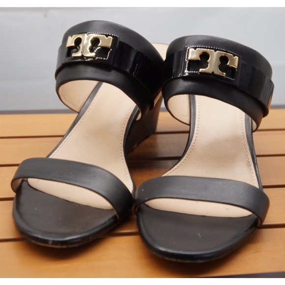Tory Burch Women’s Black Leather Slide Wedges SZ 9 - Picture 4 of 16